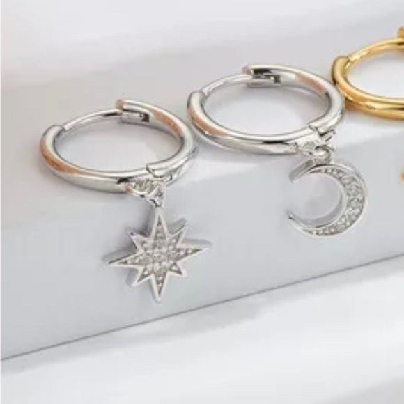 Silver Star Moon Zircon Hoop Earring - Picture 6 of 6